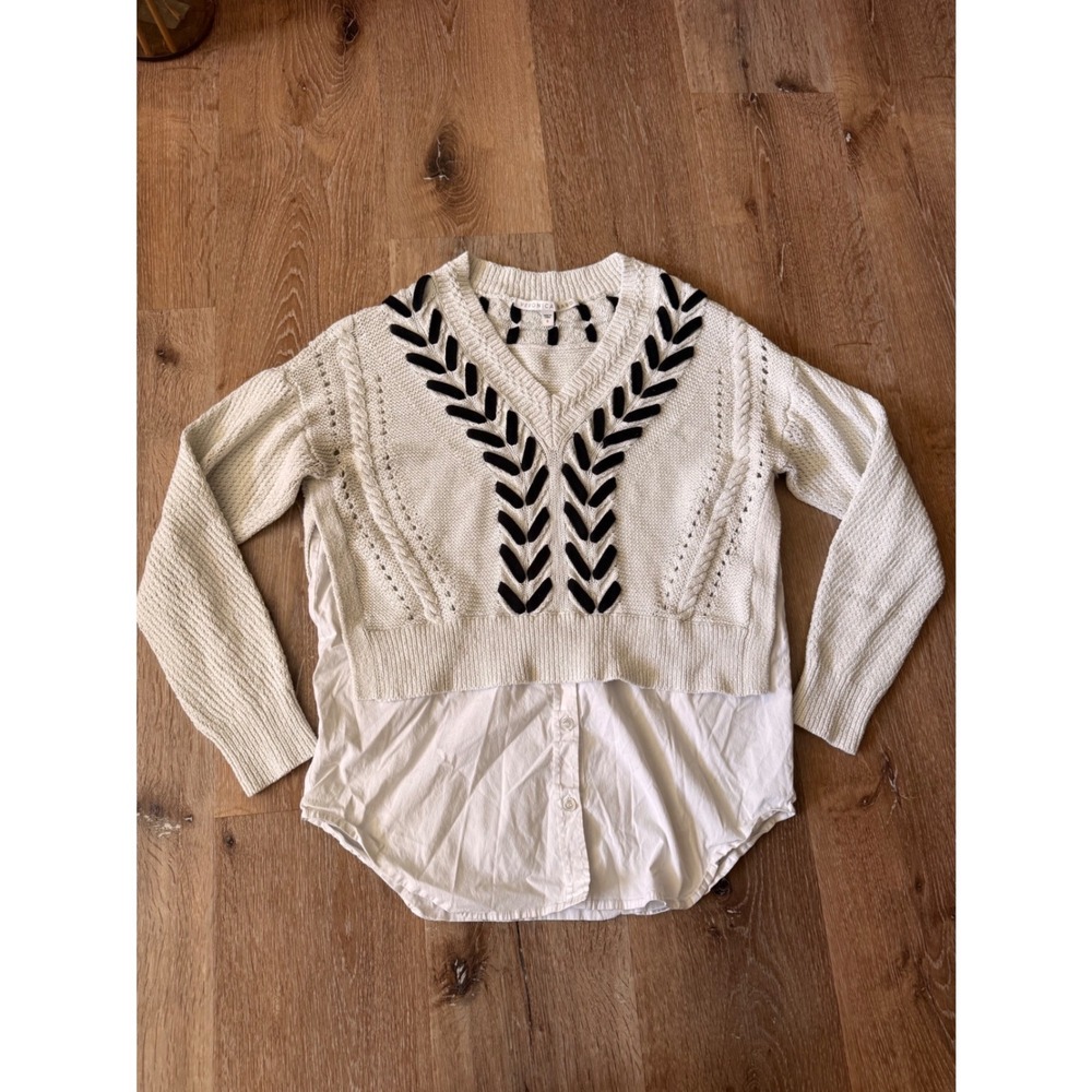 Veronica Beard White Black Mixed Media‎ Cable Knit Whipstitch Sweater  Size  S